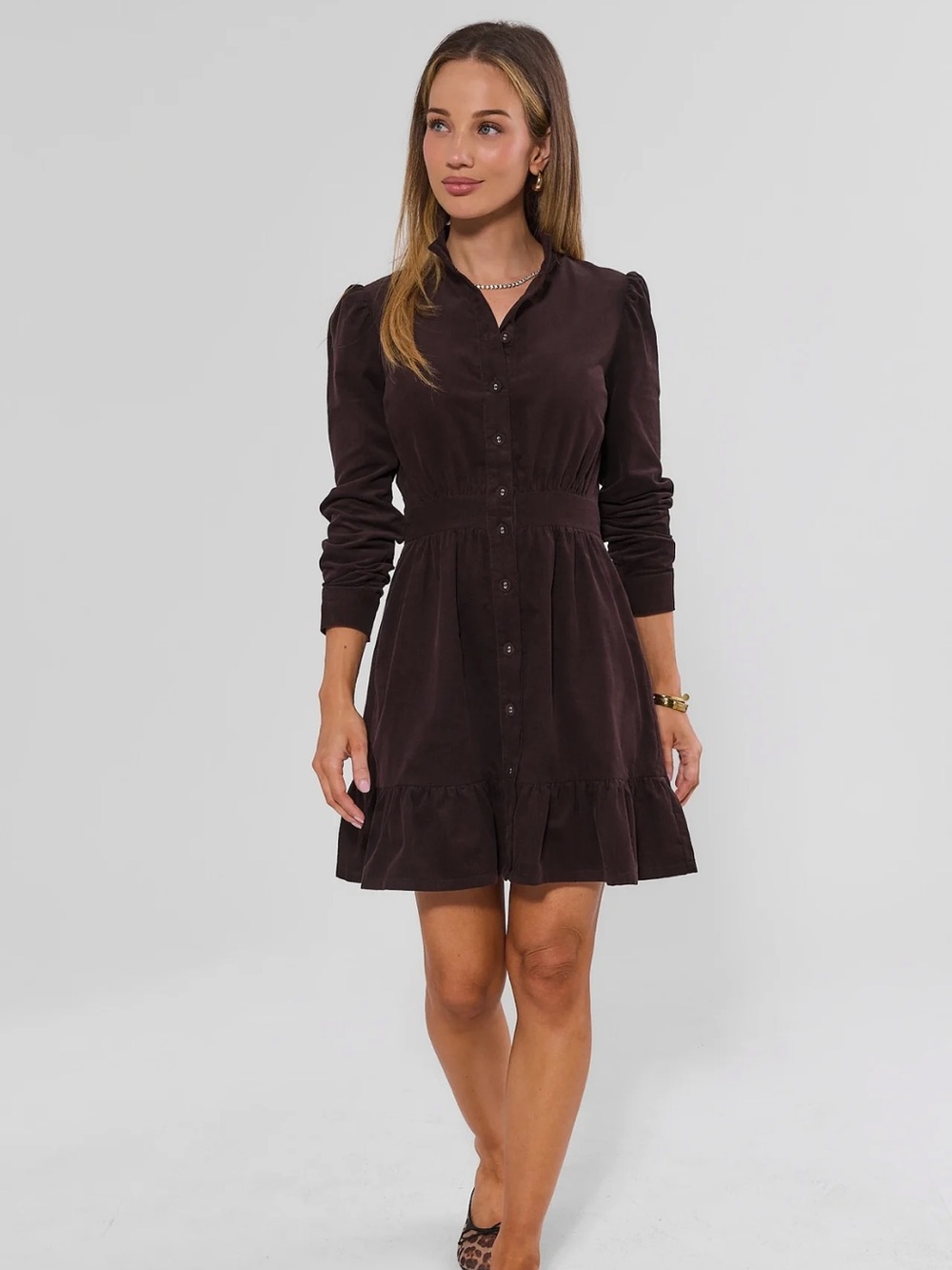 Avara Burgundy Corduroy Button-Front Long Sleeve Dress